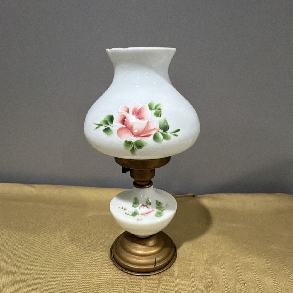Floral Milk Glass Table Lamp Pink White Green Knob Control Corded Warm White